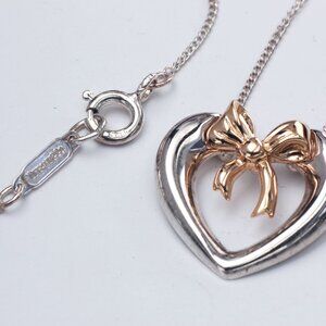 Tiffany & Co. Silver 18K Yellow Gold 3/4" Heart Bow Ribbon Pendant 18" Necklace